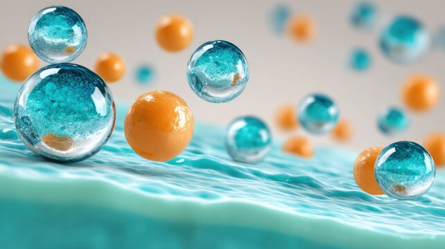 Microscopic spheres suspended above a textured liquid surface illustrate chemical interaction or formulation