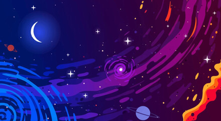 Vibrant Cosmic Landscape with Celestial Bodies and Swirling Nebulae. © Ahyar