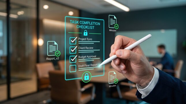 Task completion checklist on virtual screen, project sync, client review, budget approval, draft final report and document management workflow concept.