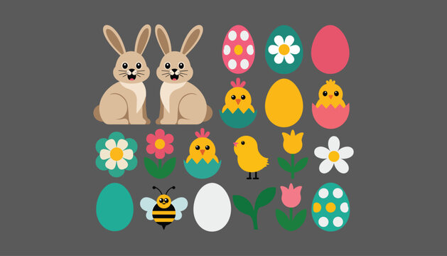 Easter bunny rabbits chicks eggs flowers bee vector illustration isolated on gray background
