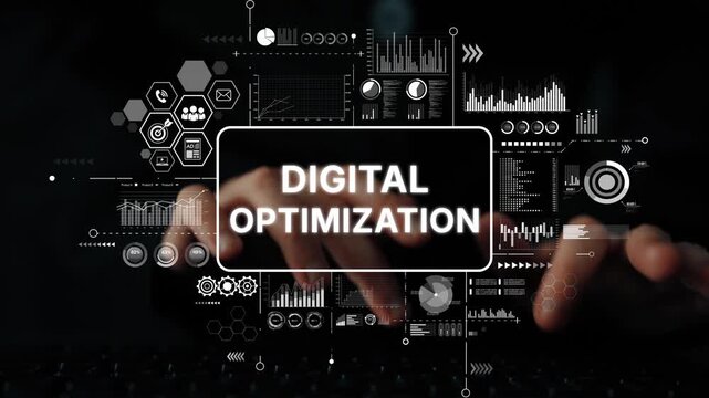Hands typing on keyboard with digital optimization graphics, technology interface, and data visualizations illuminated in dark background. Asymptotic smart data analytic.