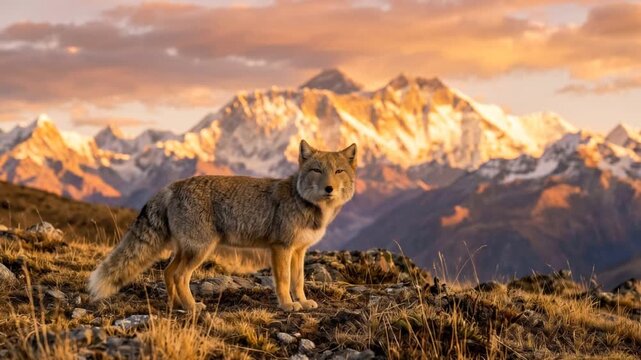  Tibetan Fox in the wild and mountains at background golden hour.