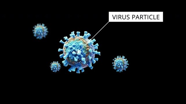 Mutating Blue and Orange Virus Particle 3D Illustration with Label