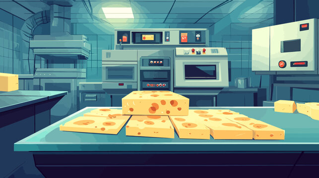 A cartoon-style industrial cheese production facility with conveyor belts, stainless steel ovens, and machinery. 