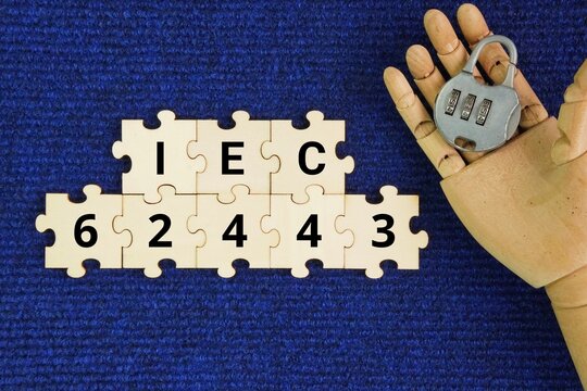 Wooden puzzle and key with the words IEC 62443. globally recognized, consensus-driven standard suite designed to secure Industrial Automation and Control Systems