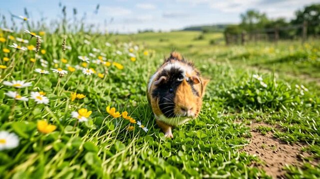  Abyssinian Guinea Pig walking on a grass field.
