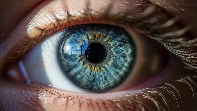 Close-up of human eye with blue iris and detailed patterns  