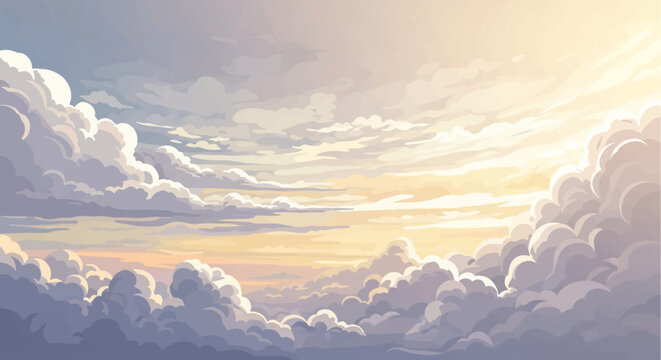 Fluffy white clouds illuminated by the soft glow of a sunset sky.