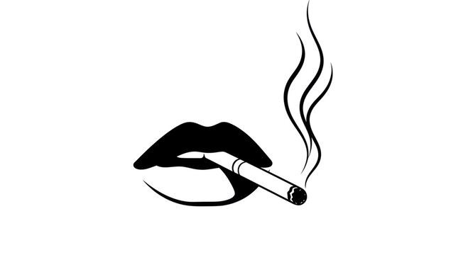 Woman Smoking Cigarette, Black Lips, Smoke Swirls, Minimalist Vector Art