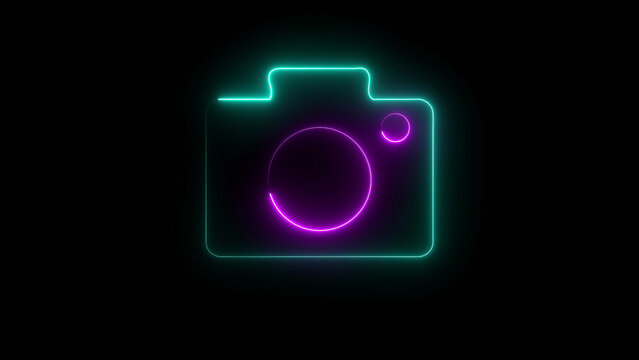 Glowing neon camera icon with a vibrant cyan and purple light effect isolated on a black background for digital photography and creative technology design