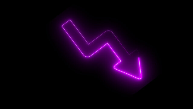 Bright purple neon glowing arrow sign pointing down on a dark background showing a downward trend or direction for digital design and web graphics