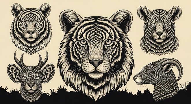 Detailed engraved tiger and ram head illustrations set
