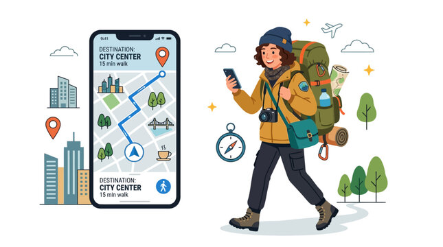 Traveler checking city map on smartphone with navigation icons and backpack outdoors