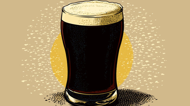 A detailed digital illustration of a tall pint glass filled with dark beer, featuring a thick frothy head,