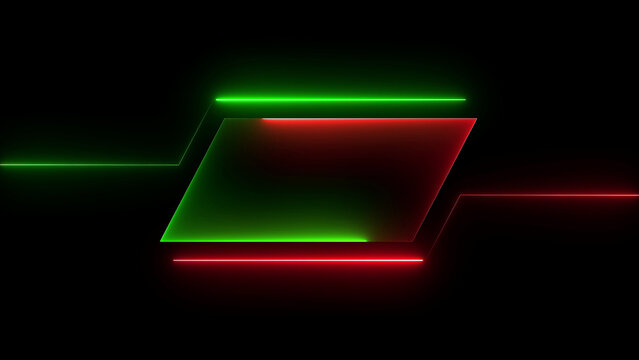 Glowing neon parallelogram shape with bright green and red light lines on a dark black background for modern digital design and abstract tech concepts