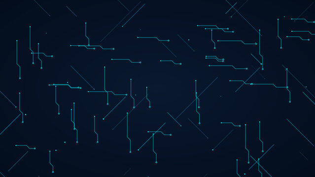 Intricate digital circuit board lines and nodes on dark blue background with technology, connection