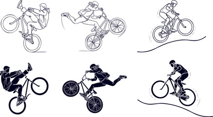 Naklejka premium Bmx freestyle stunt collection featuring line art and solid silhouette variations of extreme bicycle tricks.