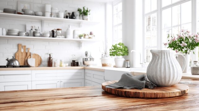 Bright contemporary kitchen interior features a wooden countertop in the foreground with ceramic pitcher detail