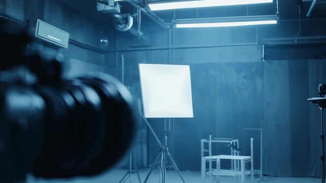 Professional film studio set with a camera on a tripod, ready for media production, showing lighting equipment and stage backdrop in a cool, blue toned atmosphere