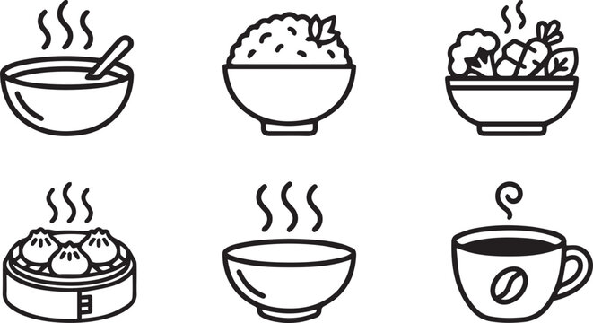 Black and White Asian Food and Hot Drinks Outline Icon Set Vector Collection with Soup Rice Salad Dim Sum Bowl and Coffee Cup Symbols