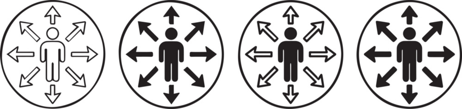 Black and White Human Figure with Multi Direction Arrow Circle Icon Set Vector Collection Representing Choice Freedom Decision and Opportunity Concept Symbols