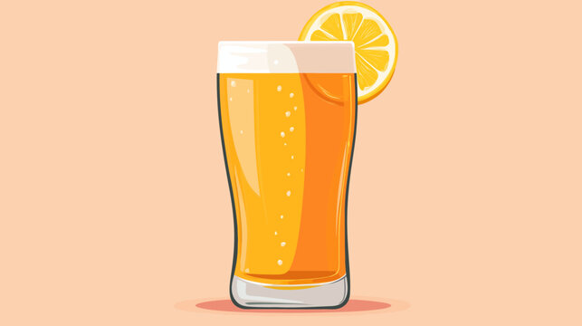 Quart mug filled with golden beer, frothy white head, lemon slice perched on rim, simple amber background