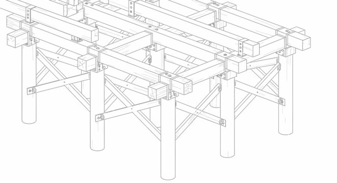 Detailed isometric outline drawing of a wooden support structure or dock framework, highlighting engineering and construction concepts on an isolated white background.