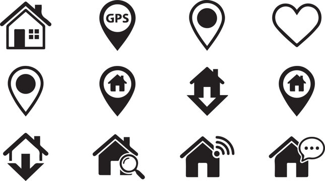 Black and White Home and Location Pin Icon Set Vector Collection with GPS House Heart Smart Home Search WiFi Chat and Navigation Symbols
