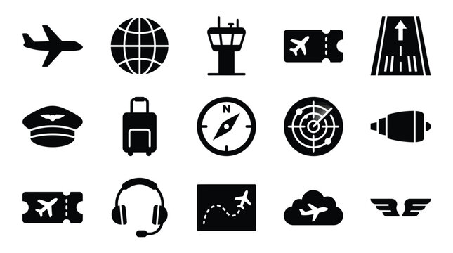 Collection of aviation and travel icons including airplane, globe, control tower, ticket, runway, pilot hat, suitcase, compass, radar, engine, headphones, map, cloud, and wings.