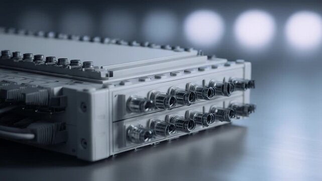 Professional audio interface rack unit with various ports and cables, used for managing sound signals in a modern recording studio or live production setup