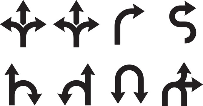 Black Bold Multi Direction and Turn Arrow Icon Set Vector Collection with Fork Split Curved S-Shape U-Turn and Navigation Route Pointer Symbols