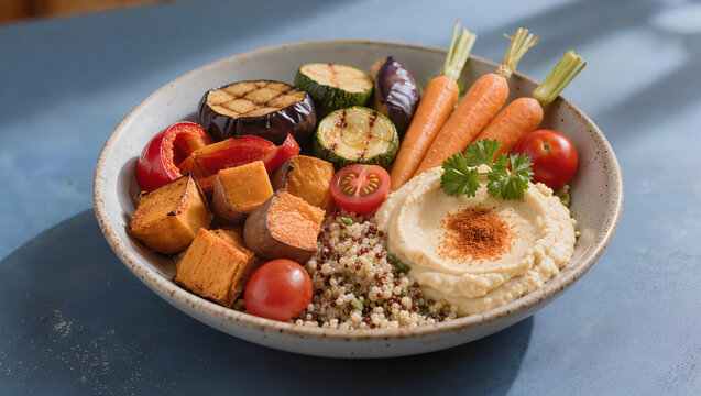 Nourishing Vegan Buddha Bowl with Roasted Vegetables and Hummus