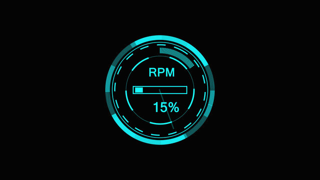 Digital rpm circular gauge with blue light effect showing fifteen percent progress on a dark background