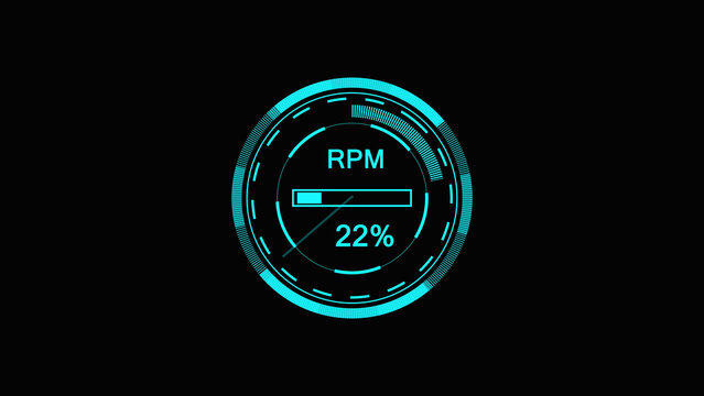 Neon blue digital rpm gauge circular dashboard interface with progress percentage indicator for automotive car performance and speed monitoring display