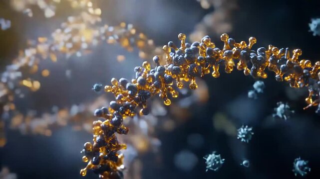 Microscopic molecules forming abstract structures, visualizing scientific concepts like molecular interactions, glowing particles, and organic processes with a blurred background