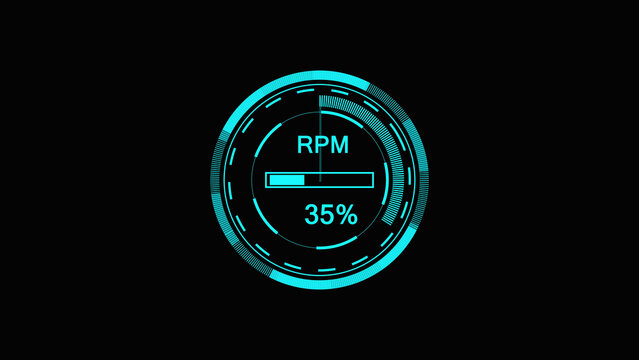 Cyan blue digital circular rpm gauge interface showing thirty five percent load on a simple black background for futuristic technology dashboard design
