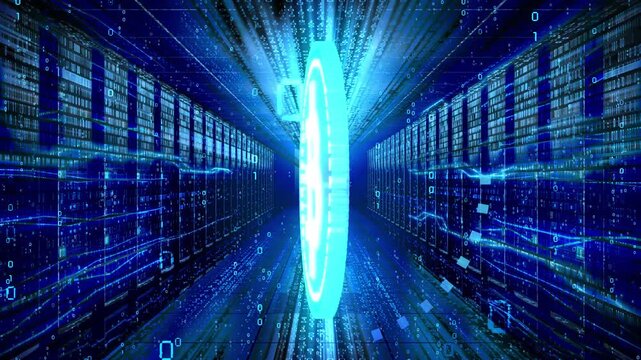 Rotating Cryptocurrency Bitcoin in Data Server Room