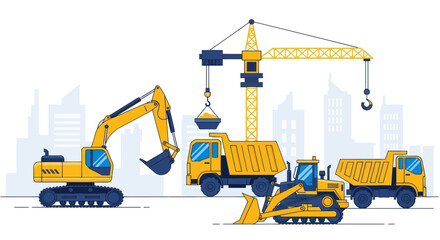 Construction Site with Heavy Machinery and City Skyline Background © evol