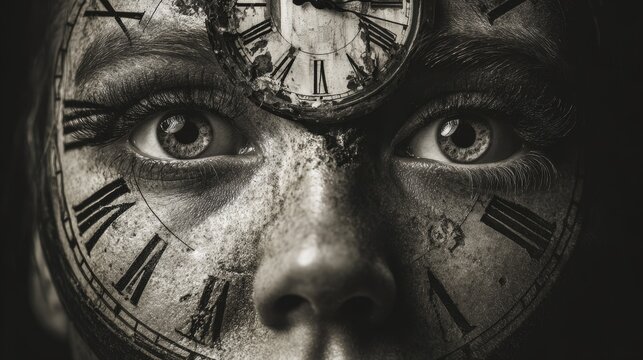 Portrait with a clock instead of eyes, concept of time perception 