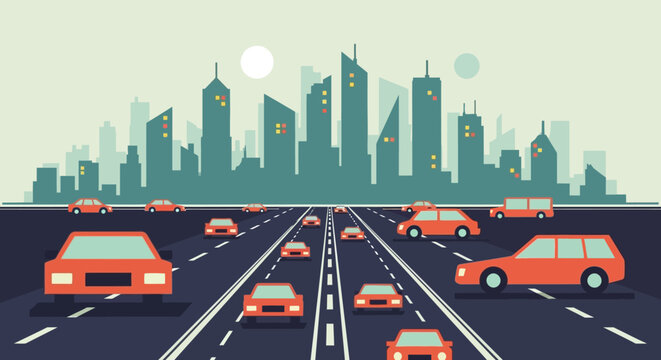 Busy multi-lane highway with numerous cars driving towards a modern city skyline.