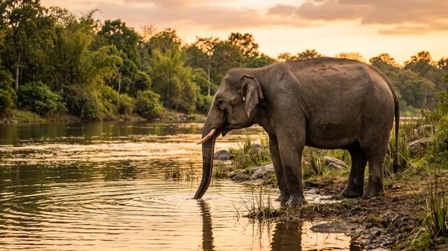 indian elephant drinking water at river golden hour.