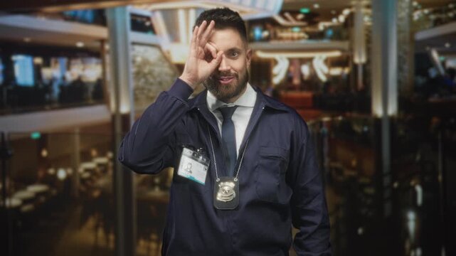 Man detective shows badge and id while making an ok circle with his hand over one eye in a building lobby; playful vigilance.