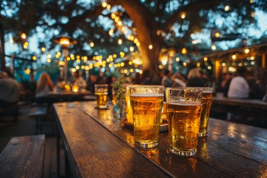 Beers on wooden table at outdoor beer garden party