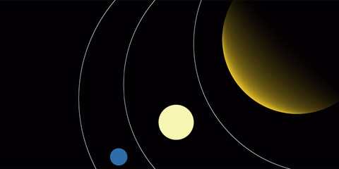 Minimalist vector illustration of a solar system with a sun, planets, and orbital paths on a black background. © Zainal