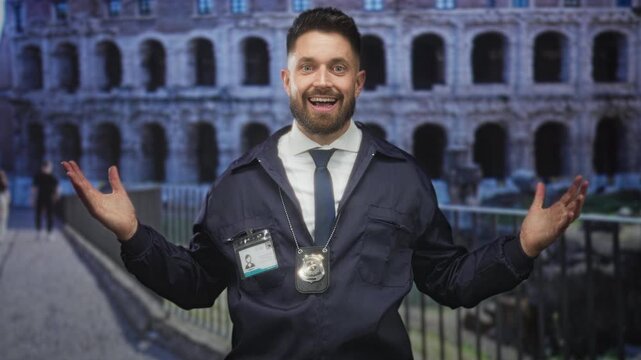 Man police wearing badge and tie, hands raised in open gesture at building colosseum entrance; confidence authority.