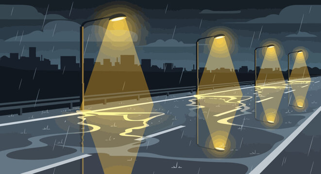 Smart street lighting system illuminating a modern road at night.