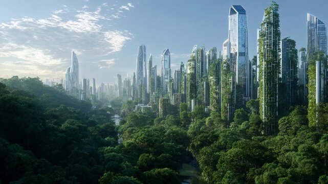 Futuristic city skyline with skyscrapers and lush green forest, modern eco urban landscape background
