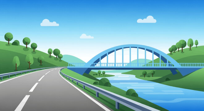 Modern Arch Bridge Spanning Over a Serene River with a Highway.