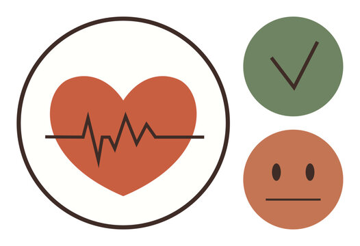 Health, wellness, medical evaluation, decision-making, emotional analysis, lifestyle balance. Heart with ECG line, green checkmark emotionless face. Health and wellness assessment concept