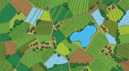 Aerial view of agricultural farmland with fields and a lake © S.Siam